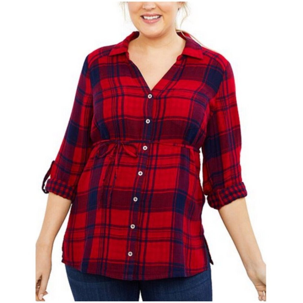 Motherhood Maternity Red Plaid Long Sleeve Button Down Size L